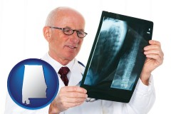 al map icon and a radiologist looking at an x-ray image