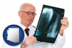 az map icon and a radiologist looking at an x-ray image