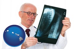 hawaii map icon and a radiologist looking at an x-ray image