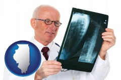 il map icon and a radiologist looking at an x-ray image