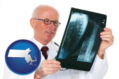 massachusetts map icon and a radiologist looking at an x-ray image