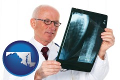 md map icon and a radiologist looking at an x-ray image