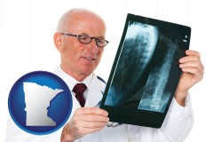 mn map icon and a radiologist looking at an x-ray image