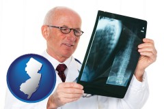 nj map icon and a radiologist looking at an x-ray image