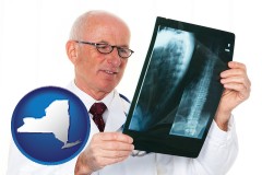 ny map icon and a radiologist looking at an x-ray image