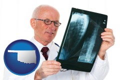 ok map icon and a radiologist looking at an x-ray image