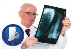 rhode-island map icon and a radiologist looking at an x-ray image