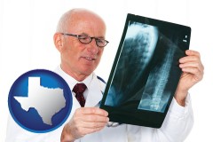texas map icon and a radiologist looking at an x-ray image