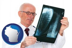 wisconsin map icon and a radiologist looking at an x-ray image