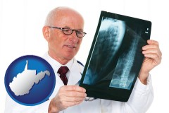 west-virginia map icon and a radiologist looking at an x-ray image